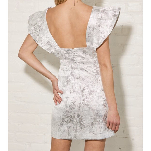 NWT Lulu's Silver Mini Dress Metallic Sleeveless Ruffles Bodycon V-Neck Small - Picture 2 of 11